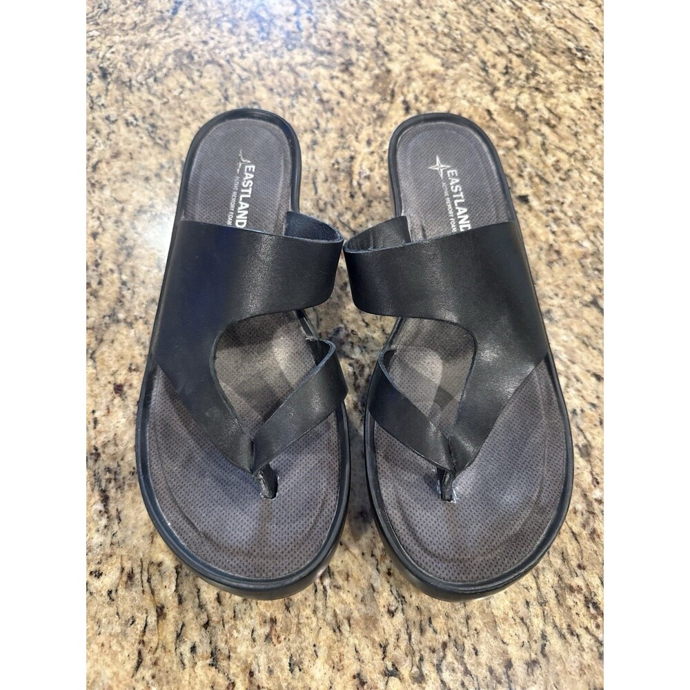 Eastland Laurel T-Strap Sandals Black Leather Platform Wedge Slip On size 11